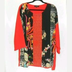 Citron Santa Monica 2X Blouse Orange Black Floral